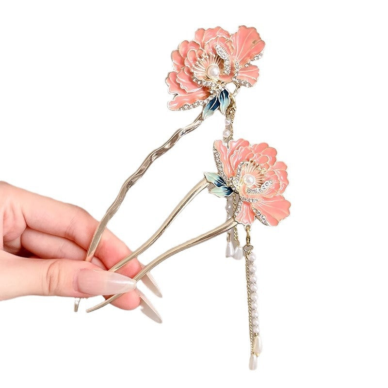 National Style Peony Flower Hairpin for Women 2025 New Super Fairy Step Shake Tassel Hair U-shaped Hairpin Cheongsam Hanfu Hairpin