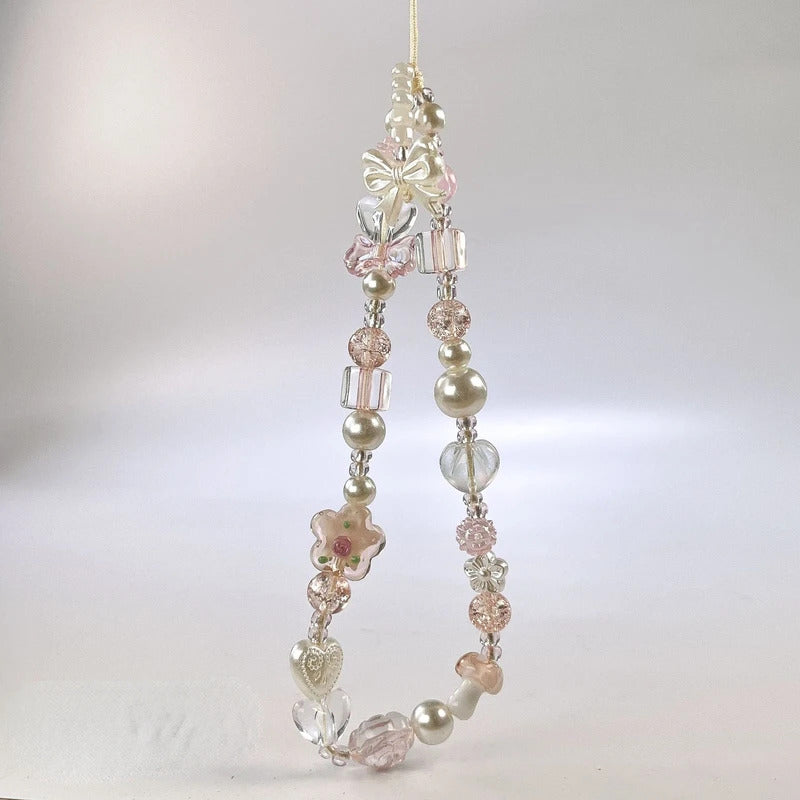 Y2K Glass Flower Bead Phone Strap Charm Chain Knot Cellphone Lanyard Keychain Woman Girl Bag Camera Pendant for Airpods Case