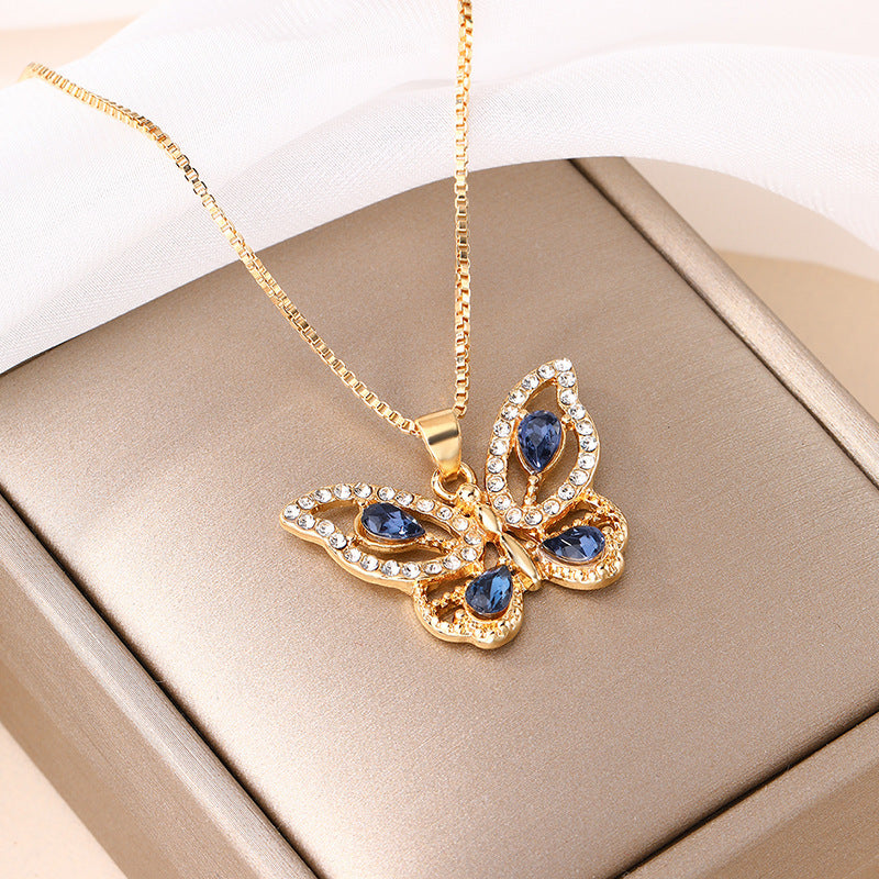 Alloy Diamond Butterfly Pendant Necklace Niche Joker Butterfly Necklace Clavicle Chain for Women