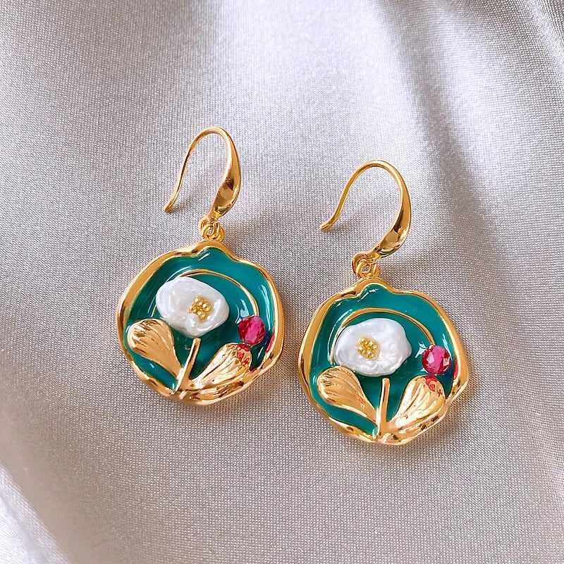 Vintage Oil Painting Style Flower Earrings Fashion Imitates Pearl Geometric Drop Earrings High-End Wedding Jewelry Accessories