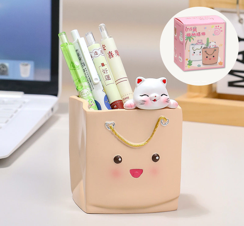 Cute Pen Holder Handmade Ornament High-end Creative Office Desk Decoration Pen Box Resin Figurine Office Gift