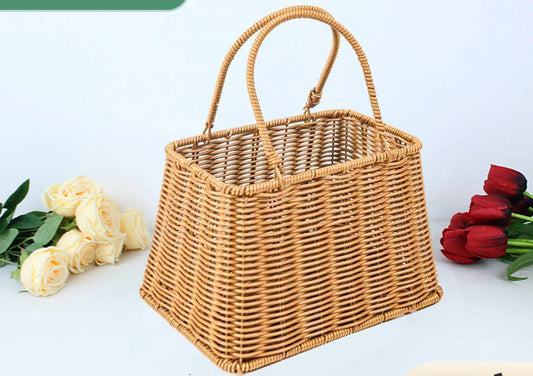 Imitation Rattan Woven Basket Storage Handheld Basket Woven Flower Basket Handmade Gift Storage Bin Organizer Basket Shopping Basket