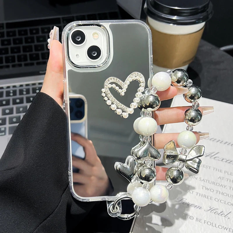 Love Heart Lanyard Mirror Phone Case For iPhone 13 11 16 15 Pro Max 12 14 Plus XR X XS Case Wrist Chain Makeup Mirror Soft Cover