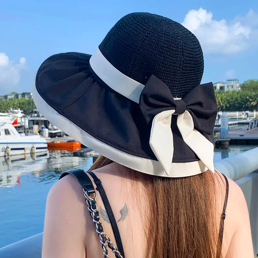 Women Bucket Hats Summer Sun Hat Large Brim Neck Protection Sunshade Hats with Bow Fisherman Caps for Ladies