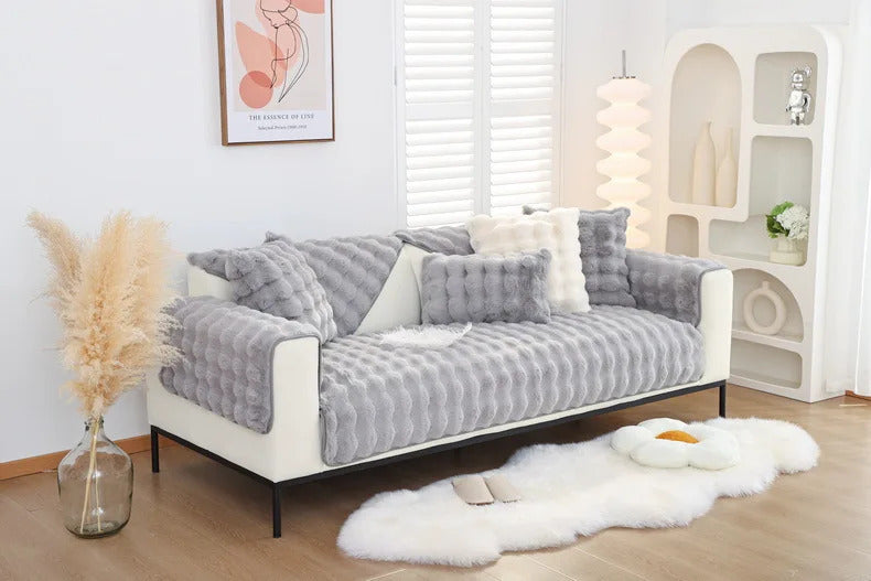 Rabbit Plush Sofa Cover Winter Thickening Warm Plush Cushions Non-Slip Living Room Leather Sofa Backrest Armrests Super Soft