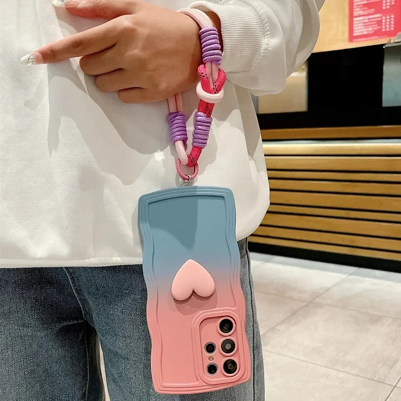 Love Heart Gradient Wrist Strap Case For Samsung Galaxy S25 Ultra S24 FE S23 S21 S20 S22 Plus Note 20 A55 A535 A25 A15 5G A05s