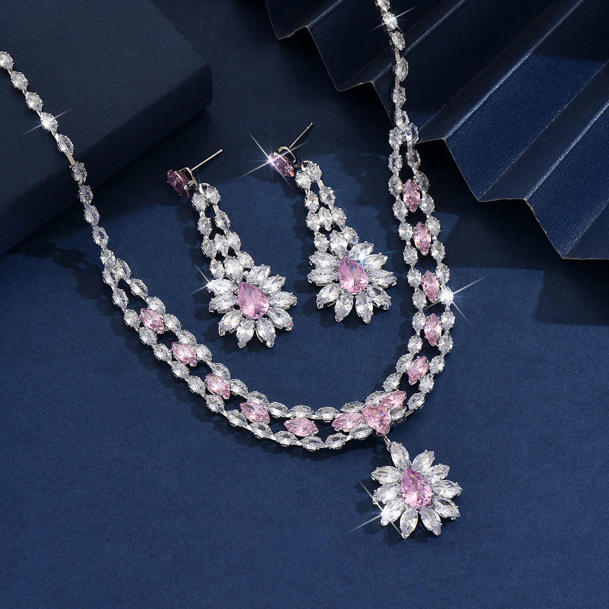 3PC Women's Fashion Zircon Flower Fresh Necklace Earrings Jewelry Set Design Sense Wedding Party Festival Gift-8556