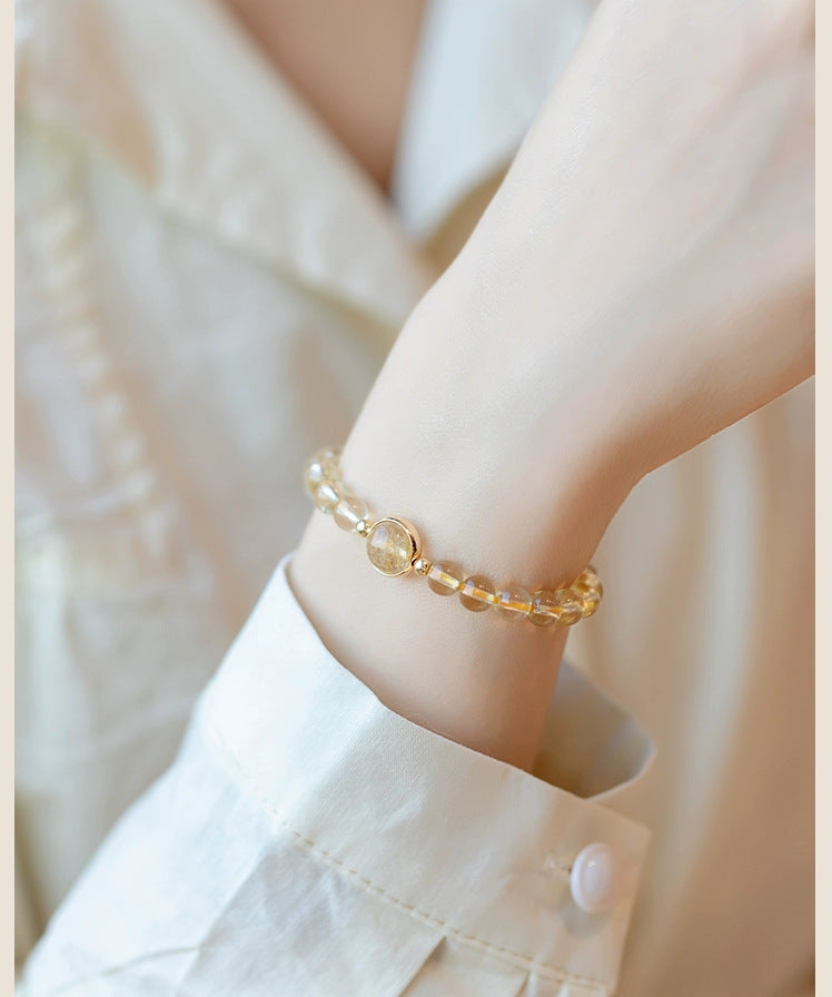 Natural Citrine Bracelet Women's Bracelet Rutile Gold Rutilated Quartz Bracelet Brazil Scattered Beads Money Drawing and Luck Changing Gifts for Girlfriend
