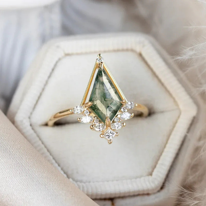 925 Sterling Silver Dainty Kite Shaped Moss Agate Ring for Woman Adjustable Moonstone Rings Handmade Jewelry Birthstone Gifts
