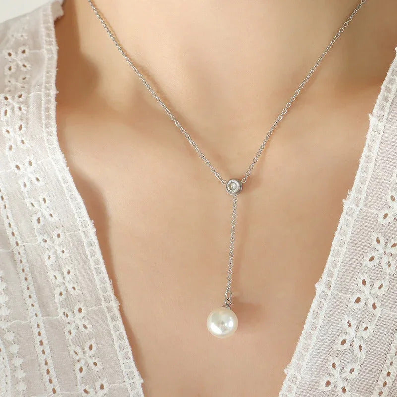 Women's Korean Style Stainless Steel Necklace Pearl Tassel Pendant Chain Zircon Minimally Designed