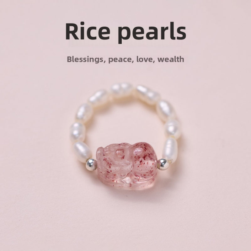 Natural Tourmaline Pixiu Ring Freshwater Pearl Garnet Crystal Stretch Good Luck Peach Blossom Rings