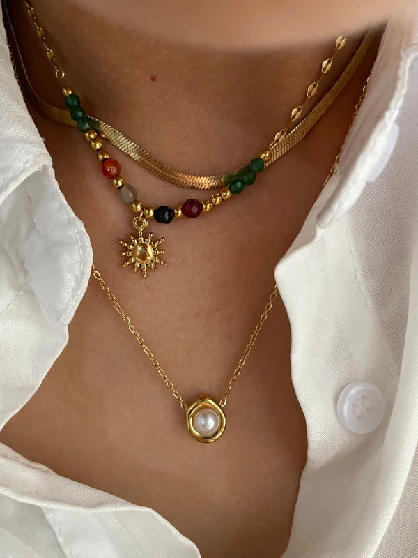 Peri'sbox Imitation Pearl Natural Stone Sunflower Pendant Necklace Women's Stainless Steel Flat Snake Chain Stackable Jewelry