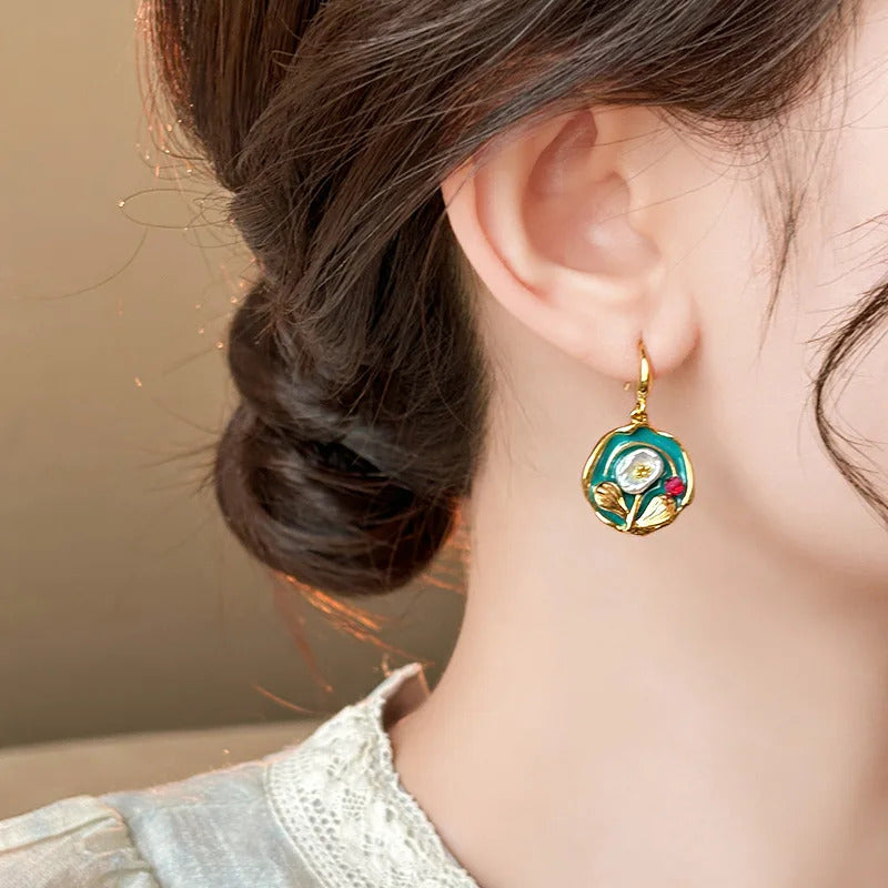 Vintage Oil Painting Style Flower Earrings Fashion Imitates Pearl Geometric Drop Earrings High-End Wedding Jewelry Accessories