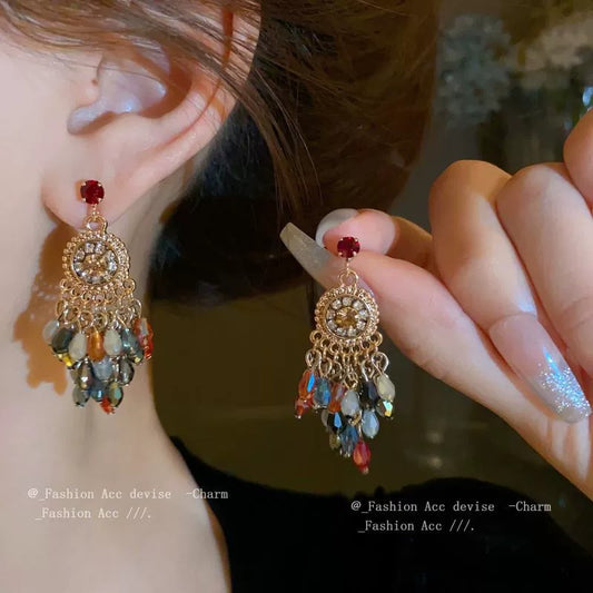 Super Fairy Colorful Crystal Tassel Earrings Vintage Exaggerated Ethnic Style Niche Design Bohemian Drop Earrings for Women