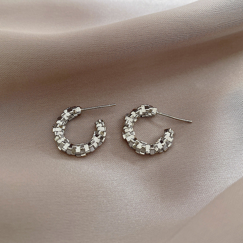 925 Silver Needle Hong Kong Style Retro Metal Earrings Women's High-Grade Geometric Simple Bracelet Ear Clip All-Match Exaggerated Commuter Earrings