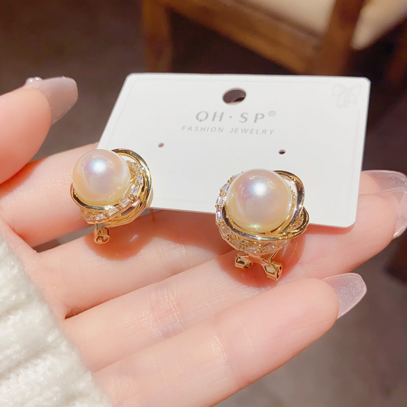 S925 Silver Needle Korean Fashion Simple Diamond-Studded Wrapped Pearl Earrings Exquisite Petite Versatile Socialite Earrings