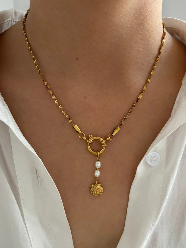 Peri'sbox Stainless Steel Chunky Heart Starfish Shell Pendant Necklace for Women Imitation Pearl Flat Snake Chain Trendy Jewelry