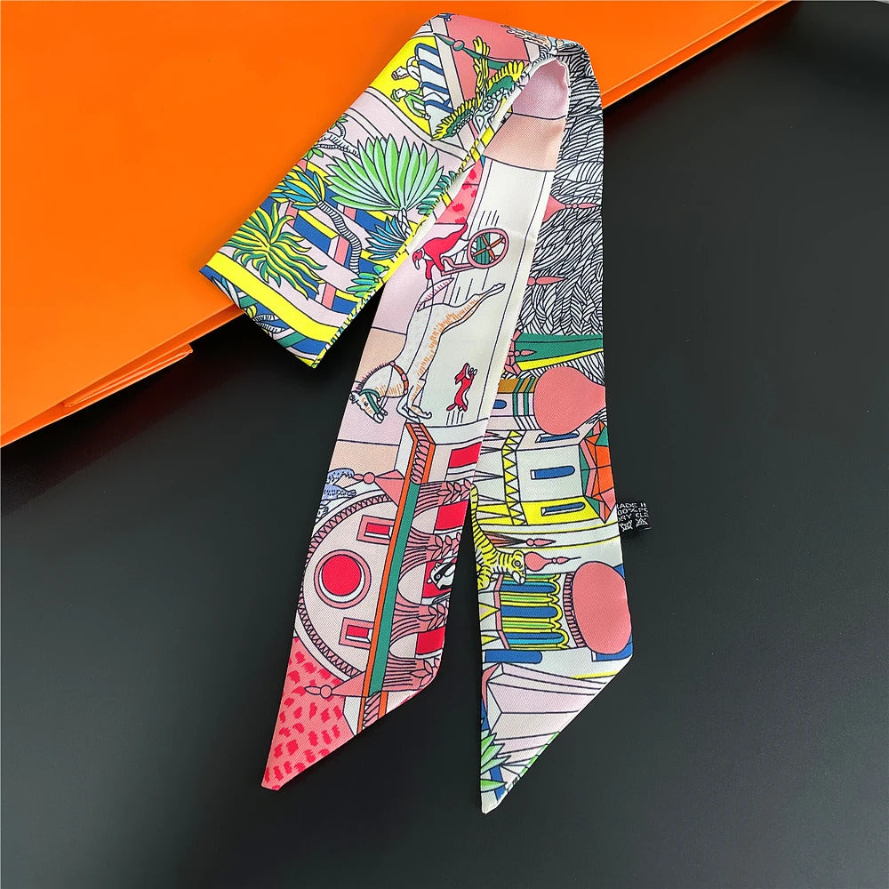 Fashion Women Hair Scarf 2024 New Brand Design Luxury Silk Scarf Fashion Print Headband Skinny Bag Scarves Neckerchief