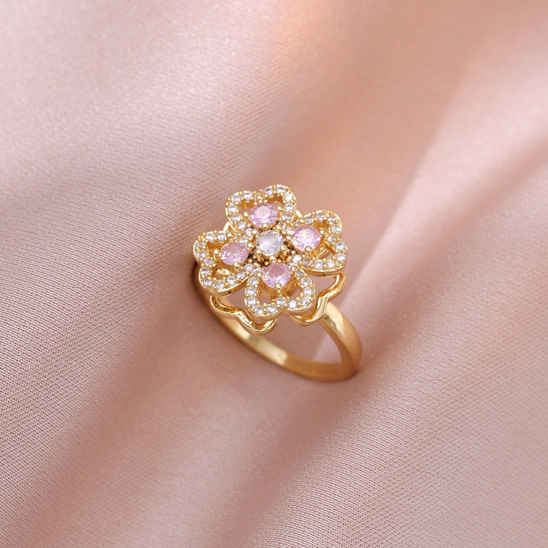 Rotating Ring for Women with Micro Paved Zircon, Elegant and Minimalist Style, Versatile Full Diamond Round Clover Ring Jewelry