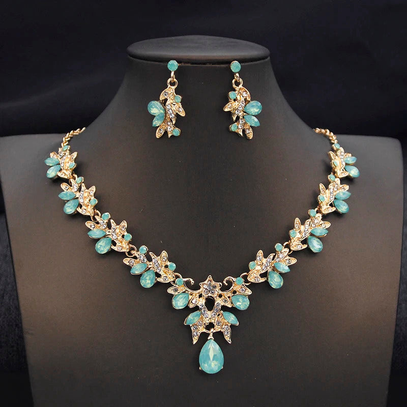 Elegant Butterfly Opal Green Bridal Jewelry Sets for Women Earring Necklace Set Wedding Dress Jewelry Sets 3 Pcs Gifts