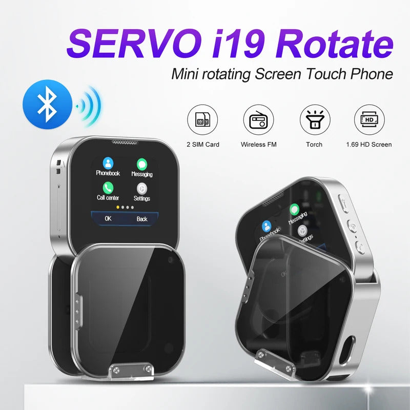 SERVO i19 Rotate Small Box Touch Mobile Phone 2SIM Standby Magic Voice Bluetooth Sync Music Torch Mini Rotation Cellphone Type-C