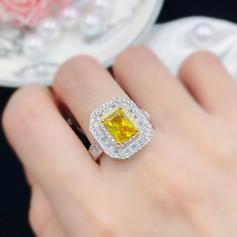 Hot New Princess Square Simulation Citrine Full Diamond Opening Ring Female Temperament Ring