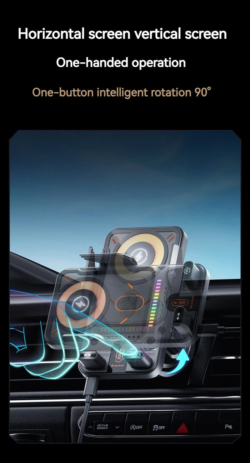 2025 New F18 Car Wireless Charger Holder Auto-Sensing Electric Telescopic 90° Rotation Ambient Light Universal for Cars/Phones