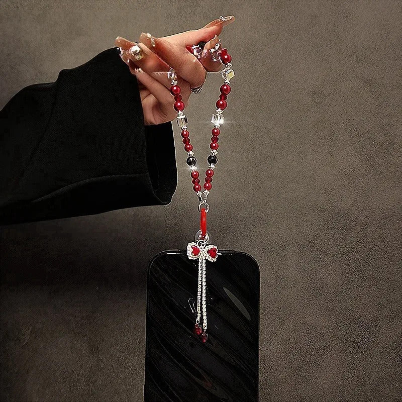 Luxury High-End Flash Diamond Bow Tassel Mobile Phone Chain Crystal Beaded Mobile Phone Lanyard Short Wrist Holding Chain