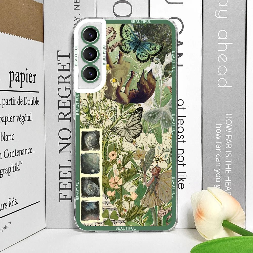 Cool Green Retro Flower Stickers Phone Case for Samsung Galaxy A55 A54 A53 A52 A51 A70 A22 A13 4G 5G Soft TPU Clear Cover Fundas