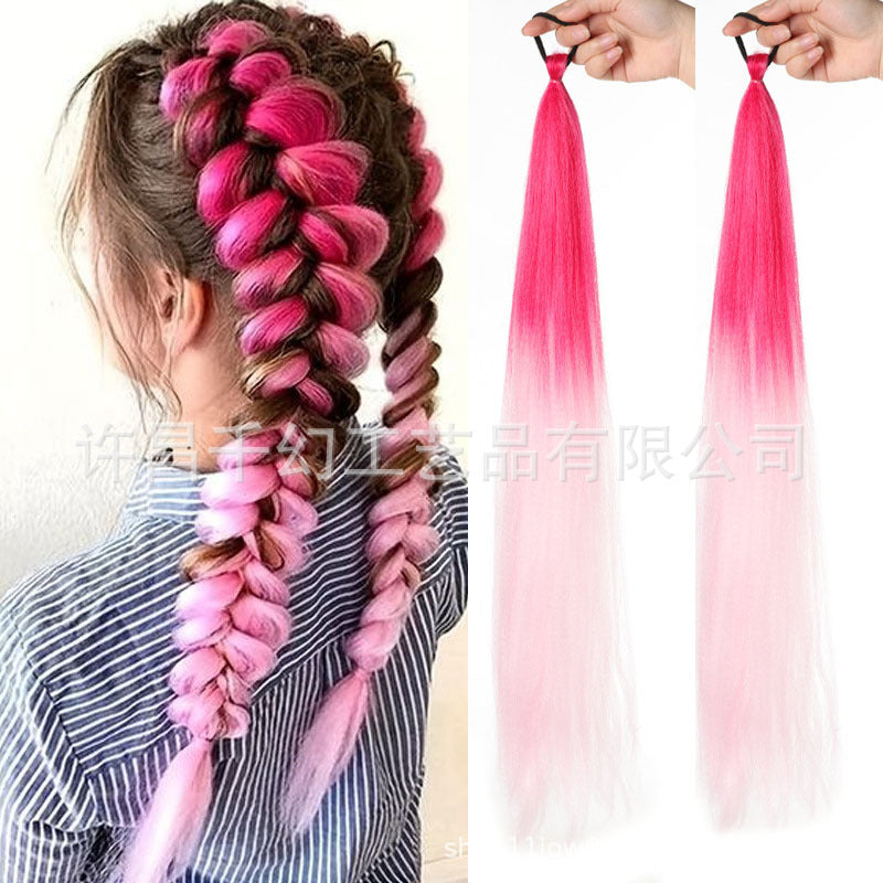 Children Girl Rubber Band Ponytail Wig Boxing Braid Color Elastic String Braid Ponytail Wig Connecting Braid