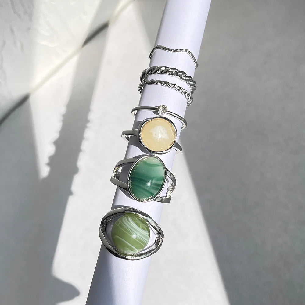 HZ 2021 New Korea 5pcs/set Colorful Stone Rhinestone Metal Chain Trendy Geometry Hit Rings Set for Women Girls Jewelry Gifts