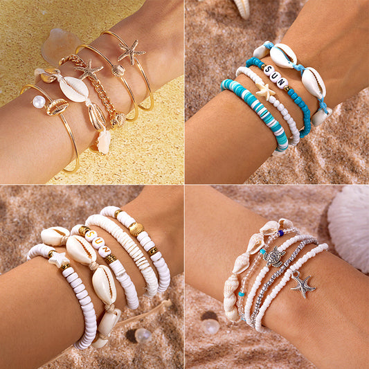Bohemian Style Beach Vacation Conch Starfish Turtle Seed Bead Bracelet for Women
