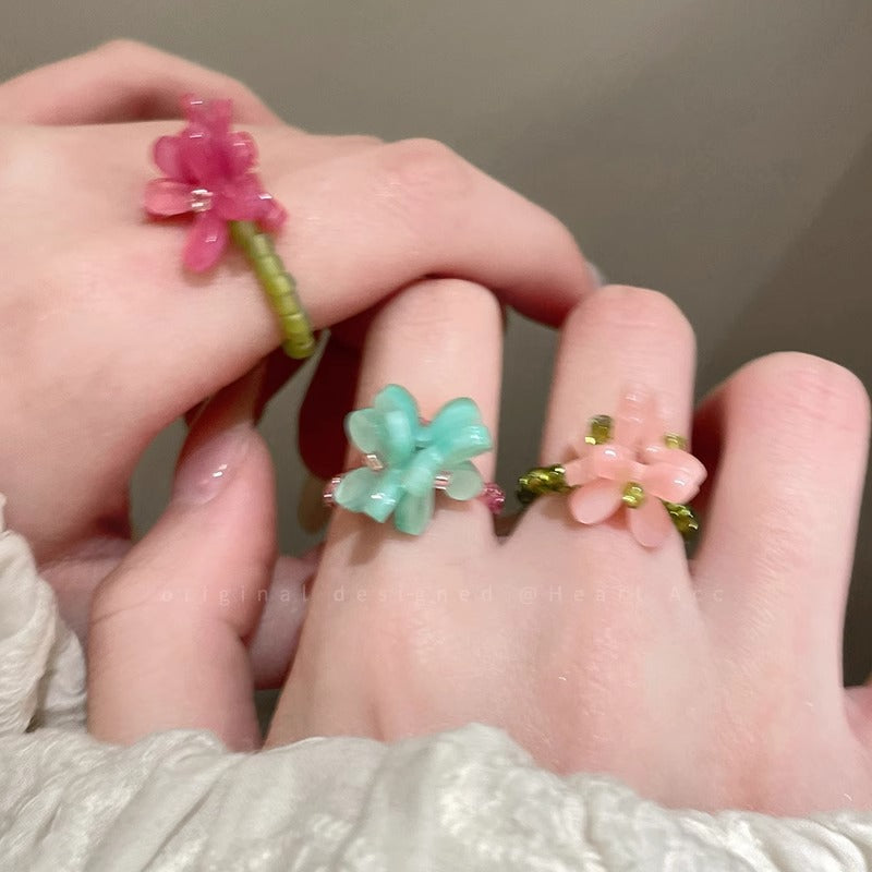 Violet Flower Elastic Beaded Ring for Women 2025 Spring Summer Korean Style Index Finger Ring Dopamine Bestie Layered Ring