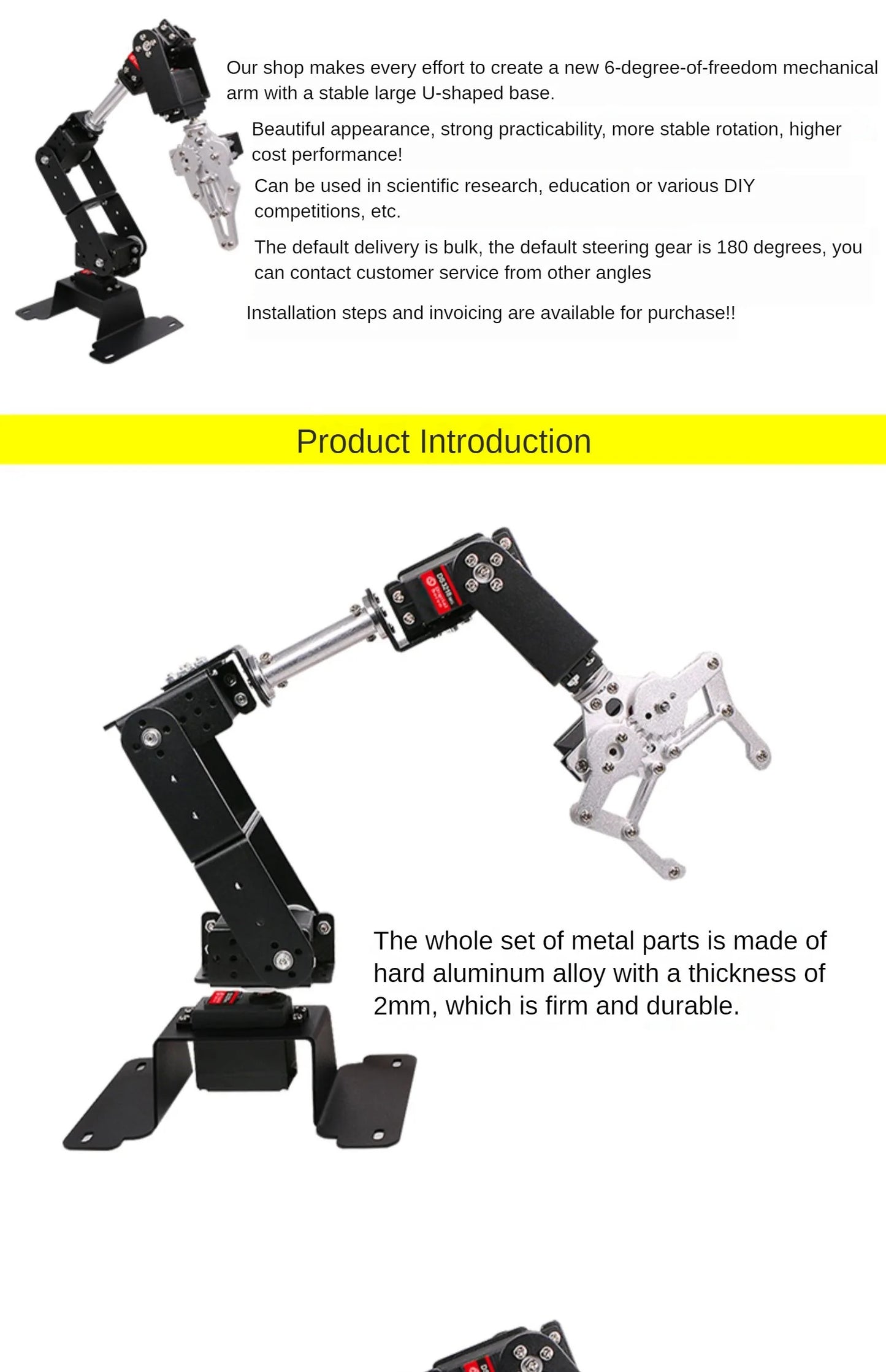 6 DOF Robot Manipulator MG996 Metal Alloy Mechanical Arm Clamp Claw Kit  For Arduino Robot DIY Ki for UNO/ESP32 Programmable
