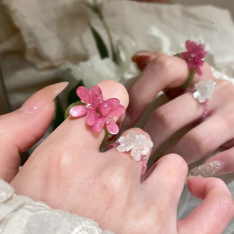 Violet Flower Elastic Beaded Ring for Women 2025 Spring Summer Korean Style Index Finger Ring Dopamine Bestie Layered Ring