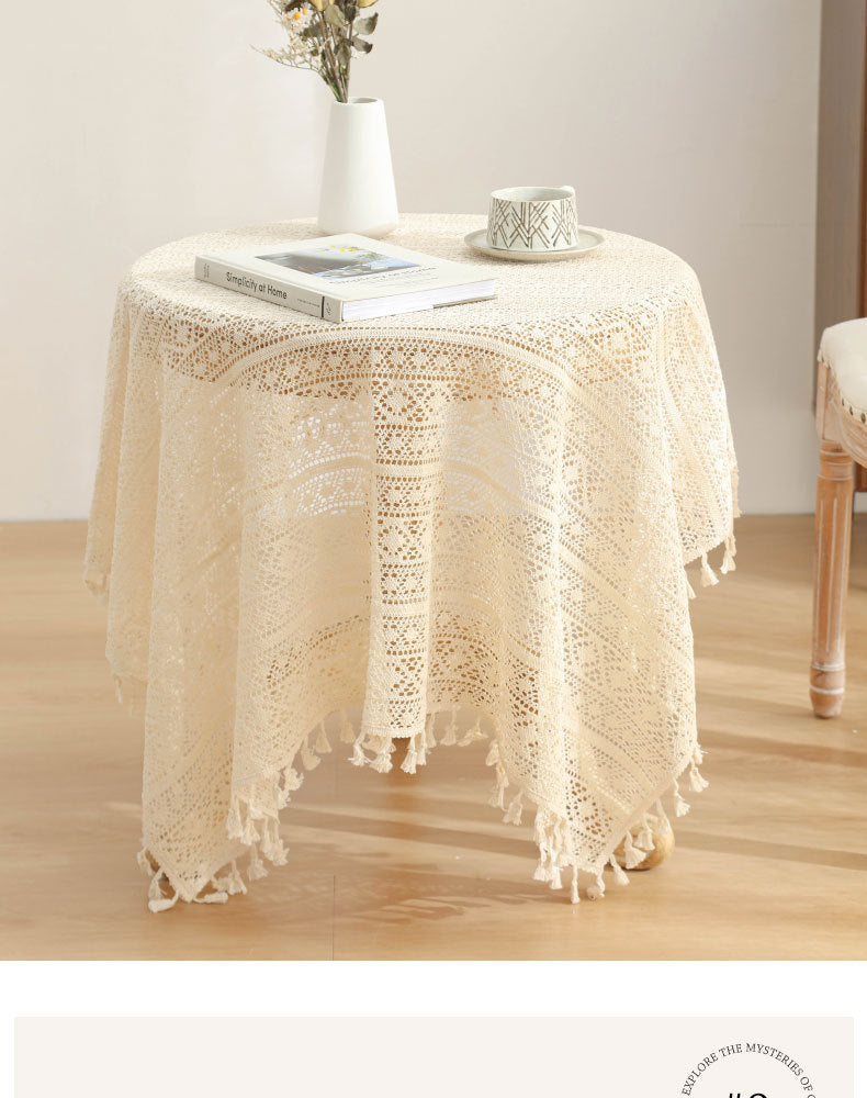 American Pastoral Cotton Woven Tablecloth Lace Hollow Crochet Tassel Dining Tablecloth French Cover Cloth Vintage Ins Tablecloth
