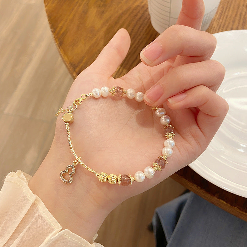 New Style Super Fairy Sweet Strawberry Crystal Bracelet Fresh Ins Gourd Pendant Bracelet String Grey Moonlight Bracelet