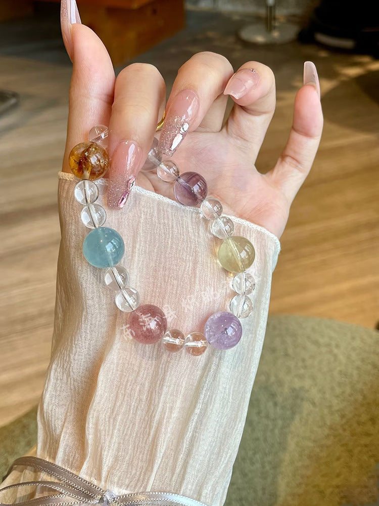 Natural Multi-Gem Energy Crystal White Crystal Yellow Rutilated Quartz Aquamarine Wealth-Attracting Bracelet Original Design Bracelet