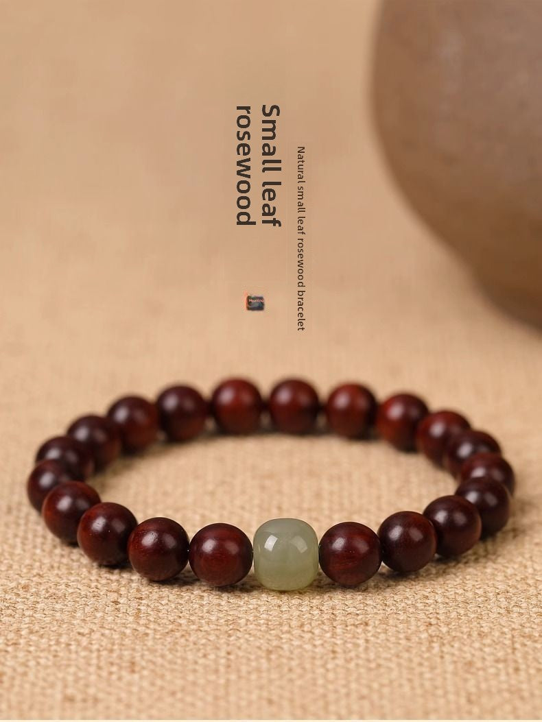 Natural Small Leaf Red Sandalwood Bracelet for Men and Women Couples Black Ebony Wooden Buddhist Beads Golden Silk Sandalwood Bracelet Hetian Jade Top Beads