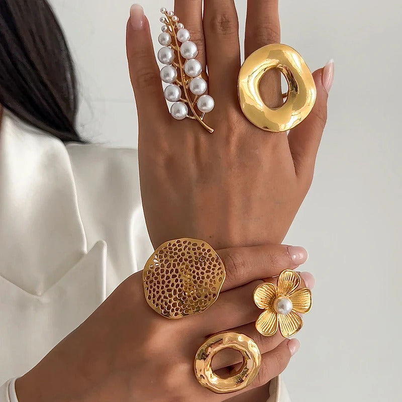 Ingemark Creative Unique Metal Petal Flower Branch Open Ring Women Punk Gold Color Geometric Adjustable Rings Y2K Couple Jewelry