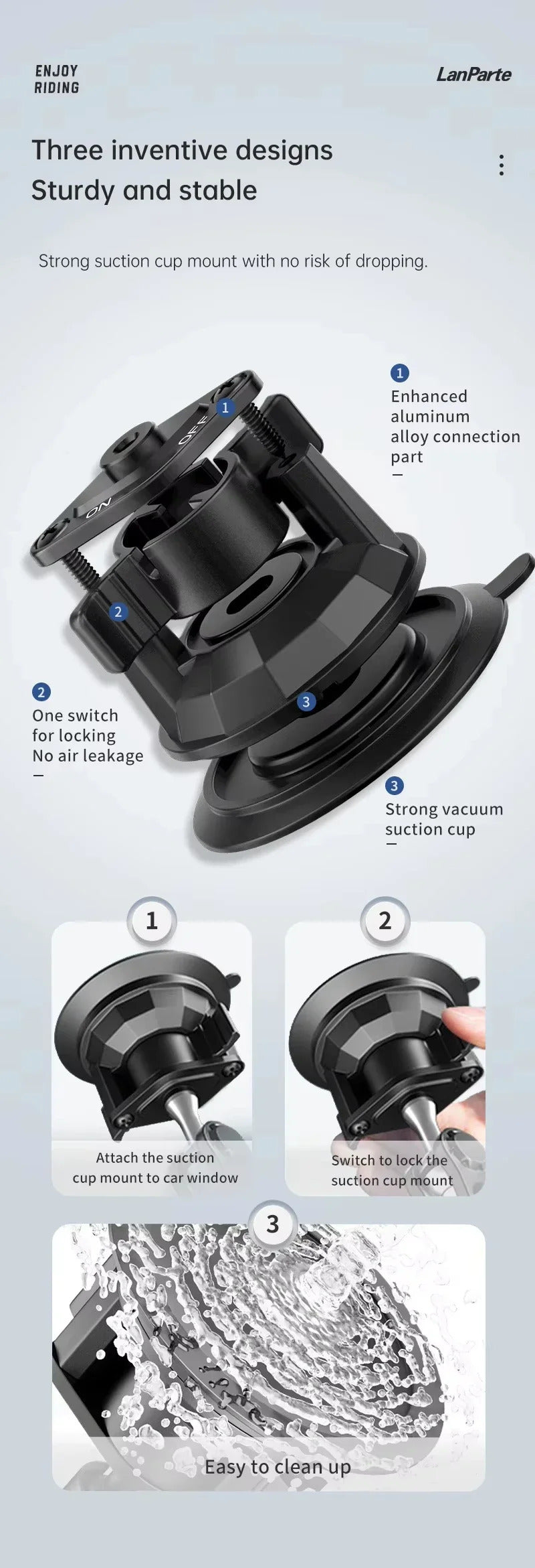 Aluminum Alloy Car Tablet Holder, 360° Rotatable Adjustable Stand with Strong Suction Cup Mount for 4-12.9" Tablets/Phones