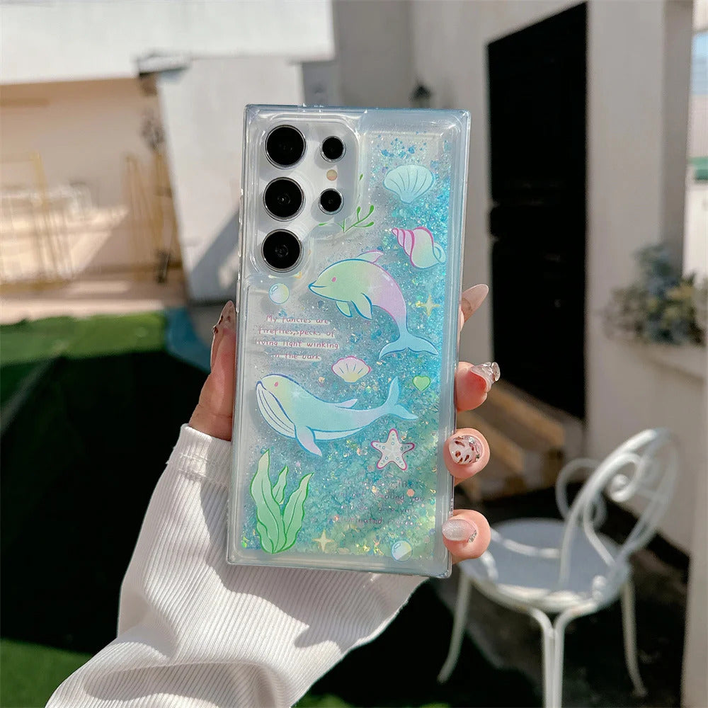 Glow In The Dark Dolphin Patterned Glitter Bling Soft Case For Samsung S24 Ultra S23 Plus S21 FE Note 20 Cover Luminous Funda
