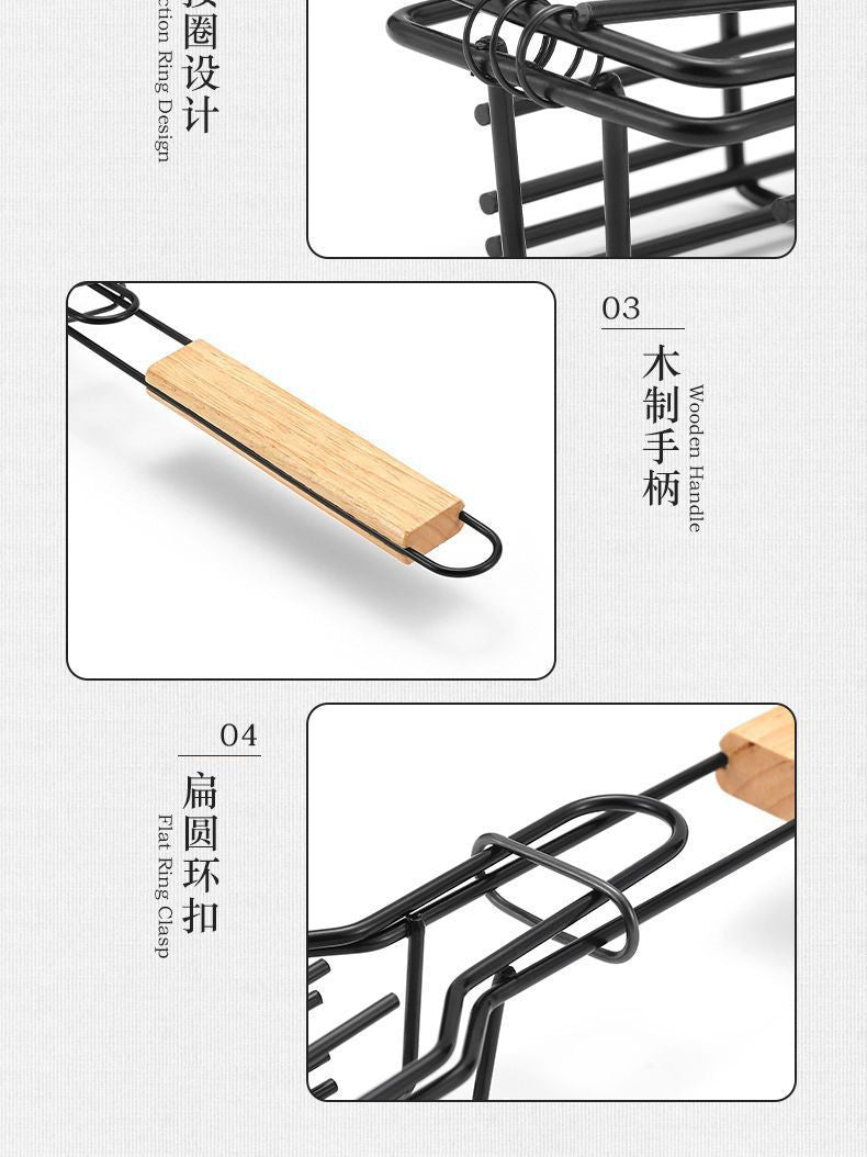 Cross-Border Wooden Handle BBQ Cage Outdoor Camping Meat Vegetable BBQ Net Rack Picnic Grilling Tool Charcoal Grilled Sausage Skewers