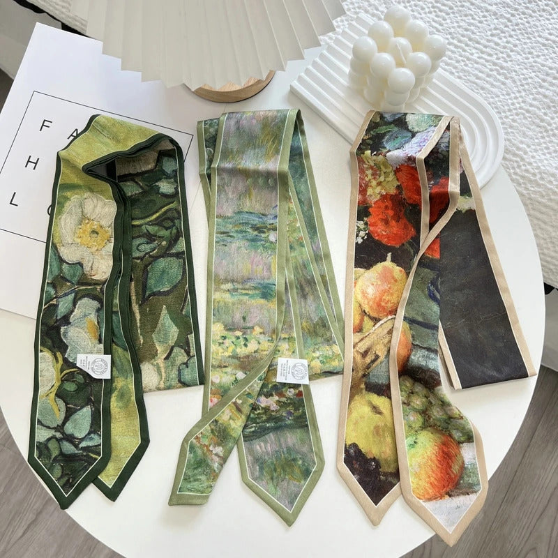 High-Grade Flower Print Long Silk Scarf Hair Band Ribbon Tied-up Hair Long Bow Vintage Satin Ribbon Hair Accessories For Women