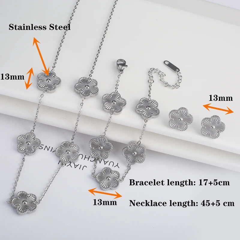 Classic Luxury 4pcs Stainless Steel Bracelet Necklace Earrings Ring Five Leaf Flower Jewelry Set for Women Party Jewelry Clover