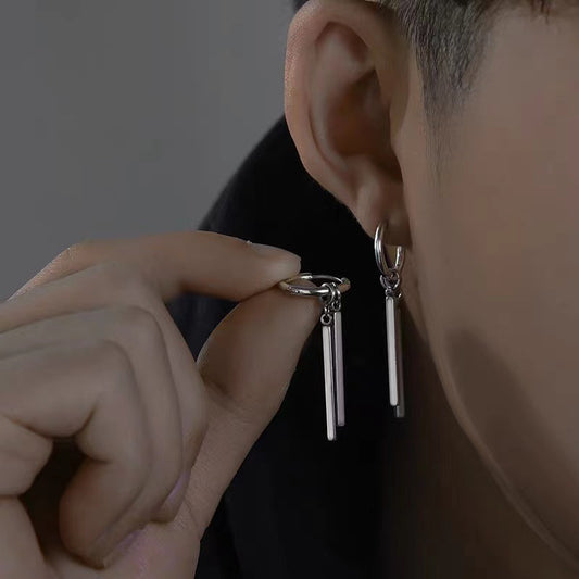 Rectangular Stick Double Stick Earrings Men's Titanium Steel Long Bar Ear Clips Women's Niche Simple High-end Accessories Jewelry