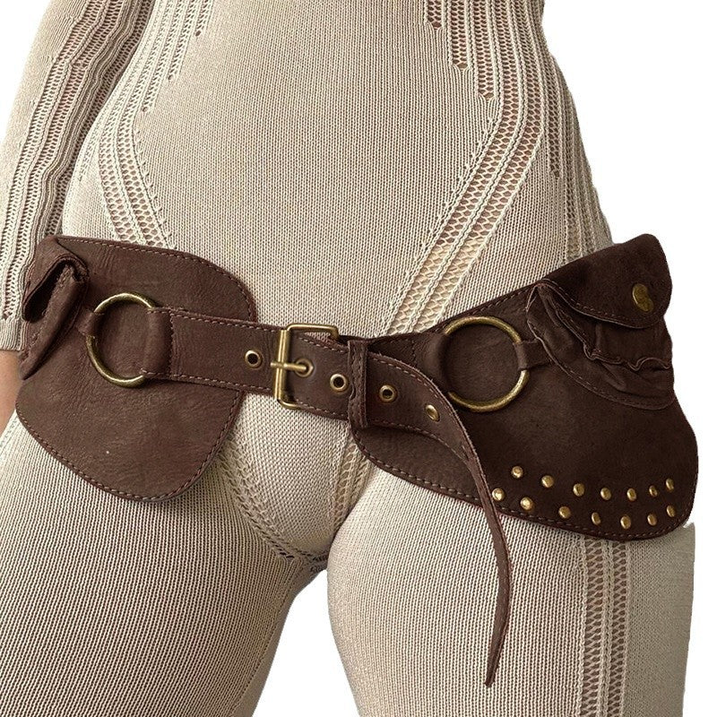 Wish Cross-Border Retro Mini Oval Bag Rivet Punching Belt Hot Girl Fashion Personality Waist Bag Wear Accessory