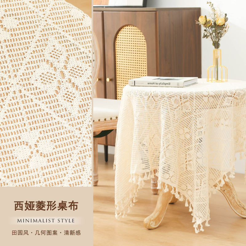 American Pastoral Cotton Woven Tablecloth Lace Hollow Crochet Tassel Dining Tablecloth French Cover Cloth Vintage Ins Tablecloth