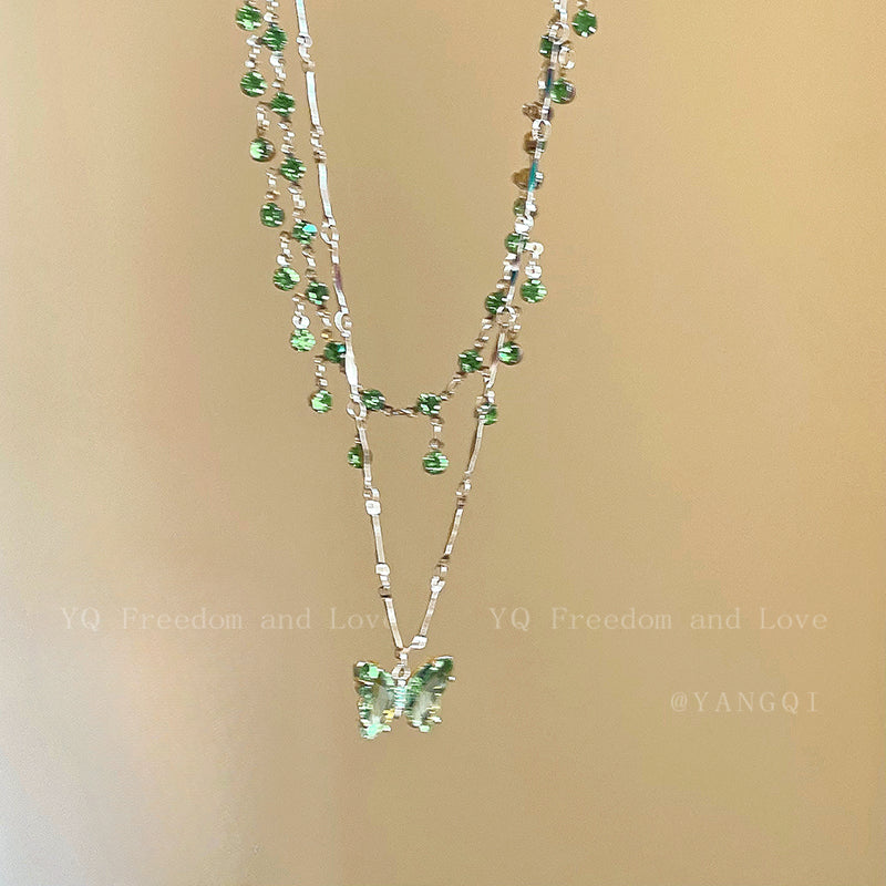 Blue Butterfly Double Tassel Necklace Summer Cool Necklace Accessories Female Niche Clavicle Chain