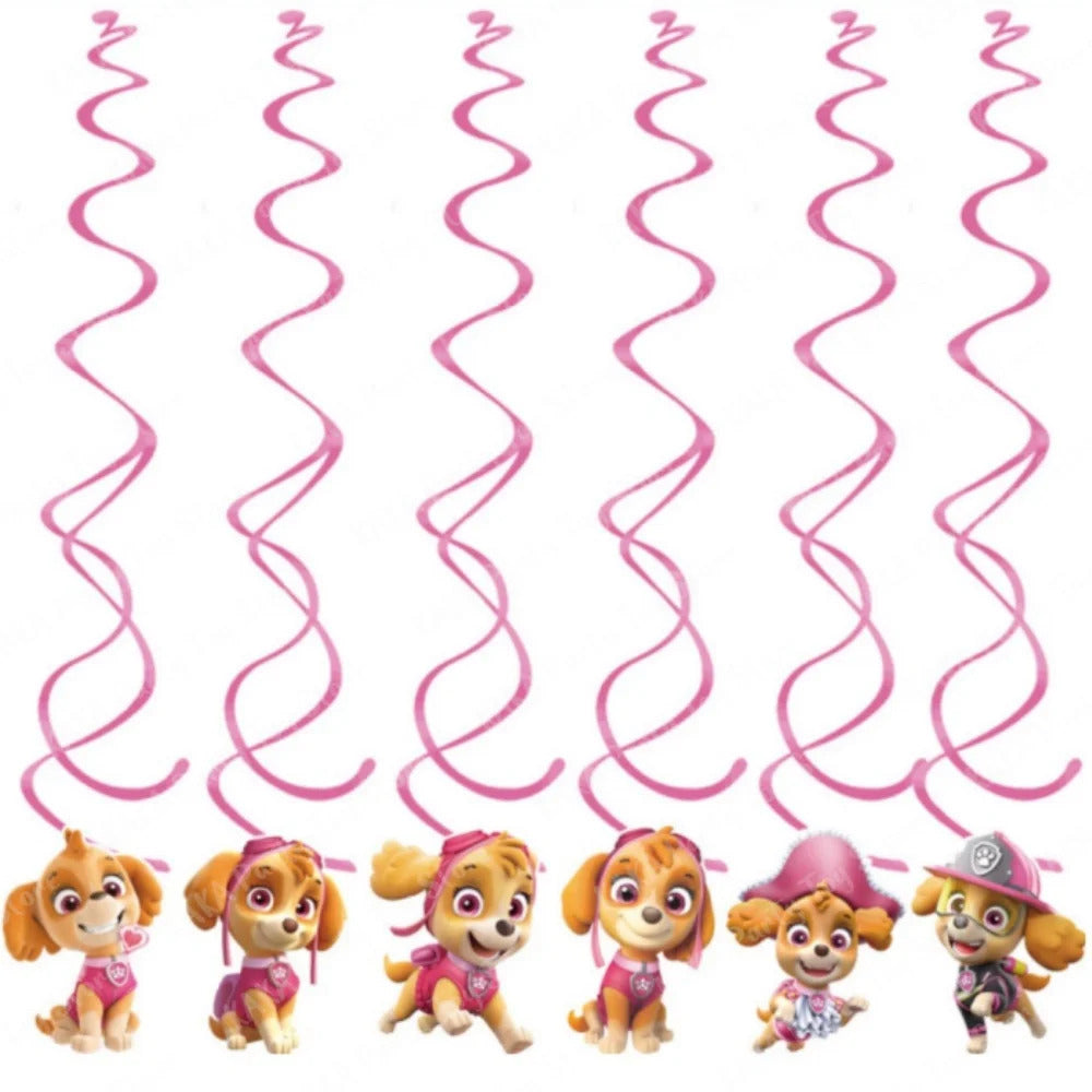 Skye Paw Patrol Birthday Decoration Pink Theme Paper Banner and 6 Hanging Swirls for Kids Girls Baby Shower Party Supplies Set